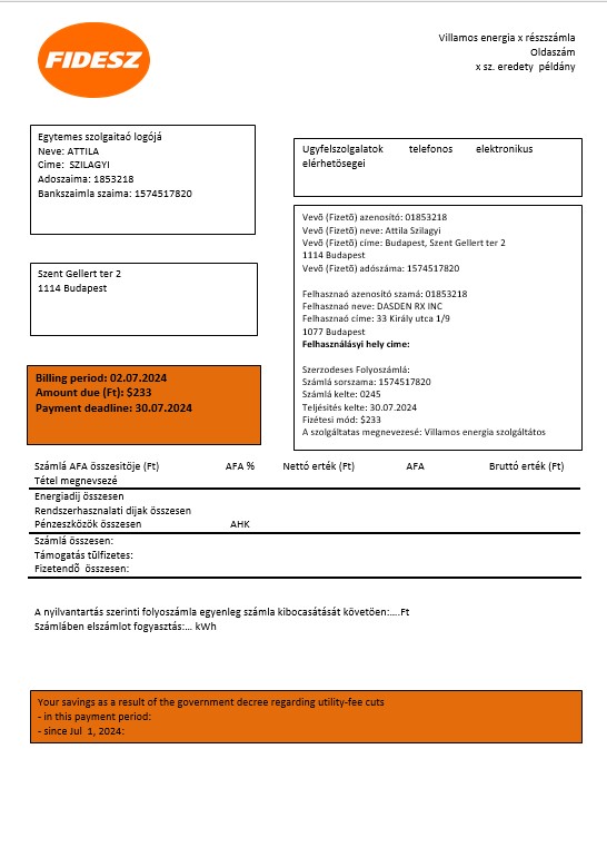 Hungary FIDESZ easy to fill business utility bill template in Word and PDF formats